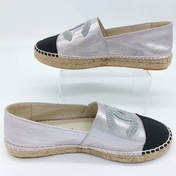 Chanel Espadrilles Laminated Lambskin Grosgrain Toe Caps Pink Silver Iridescent - Picture 9 of 12